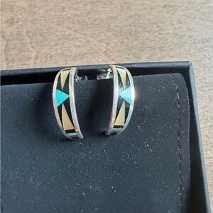 Vintage Zuni Inlay Silver and Turquoise Hoop Earrings unmarked